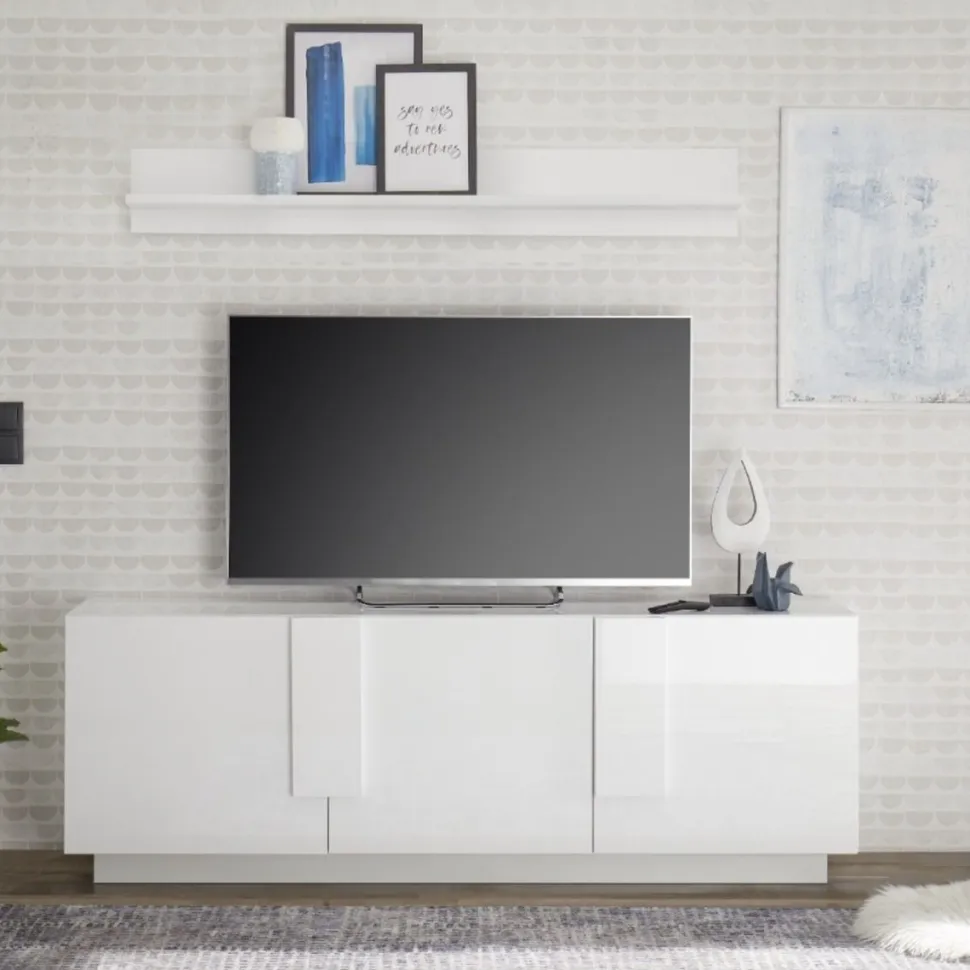 Porta Tv moderno Bianco Lucido 3 ante linea Sax