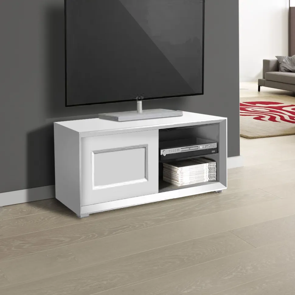 Porta Tv moderno Bianco Opaco 1 anta e 2 vani a giorno senza maniglia linea Tilt CLASSIC