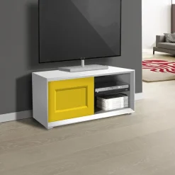 Porta Tv moderno Bianco opaco e Giallo miele 1 anta e 2 vani a giorno linea Tilt CLASSIC