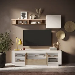Porta Tv moderno Cashmere e Rovere Cadiz 2 ante battenti e 1 cassetto linea Eos