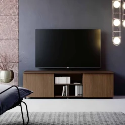 Porta Tv moderno Rovere Cannettato 2 cassetti e vani a giorno con anta a sbalzo disponibile in vari colori