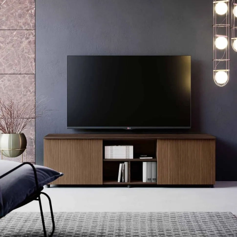 Porta Tv moderno Rovere Cannettato 2 cassetti e vani a giorno con anta a sbalzo disponibile in vari colori