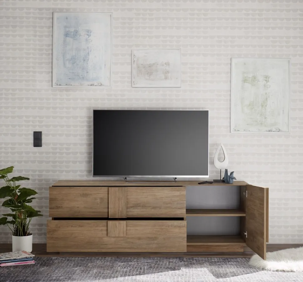 Porta Tv moderno Rovere Mercure 1 anta e 2 cassetti linea Sax