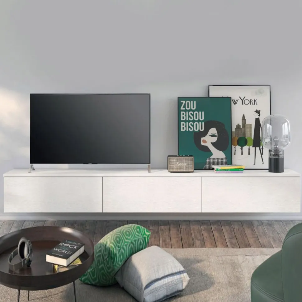 Porta tv sospeso Bianco Opaco con anta cassettone o ribalta 15 colorazioni
