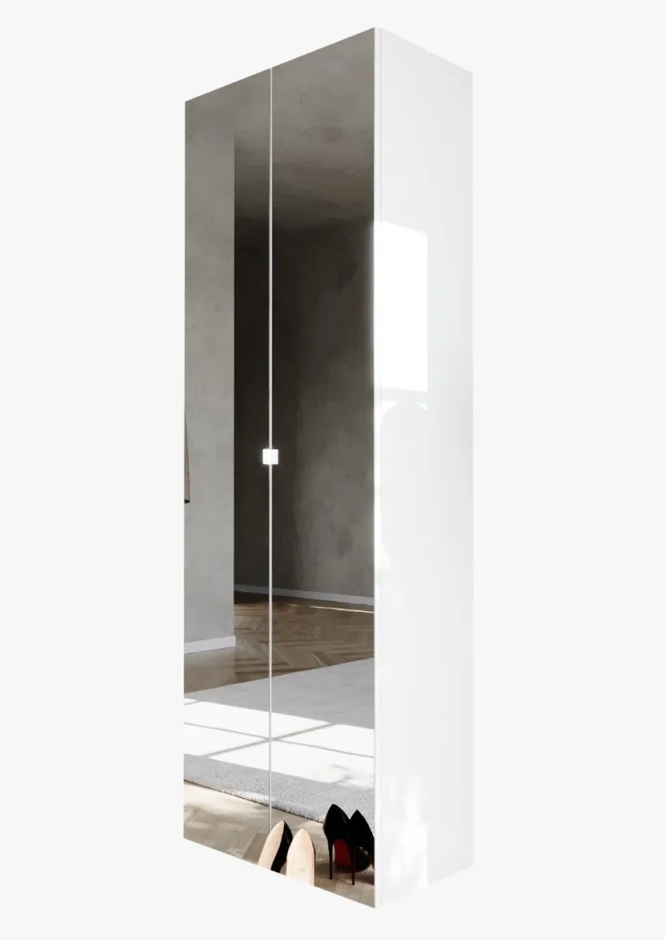 Scarpiera alta 2 ante a Specchio con 6 Ripiani H 186 cm finitura Bianco Lucido linea Multiuso