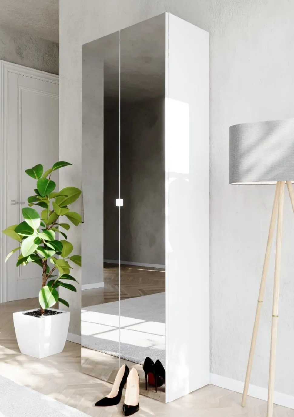 Scarpiera alta 2 ante a Specchio con 6 Ripiani H 186 cm finitura Bianco Lucido linea Multiuso
