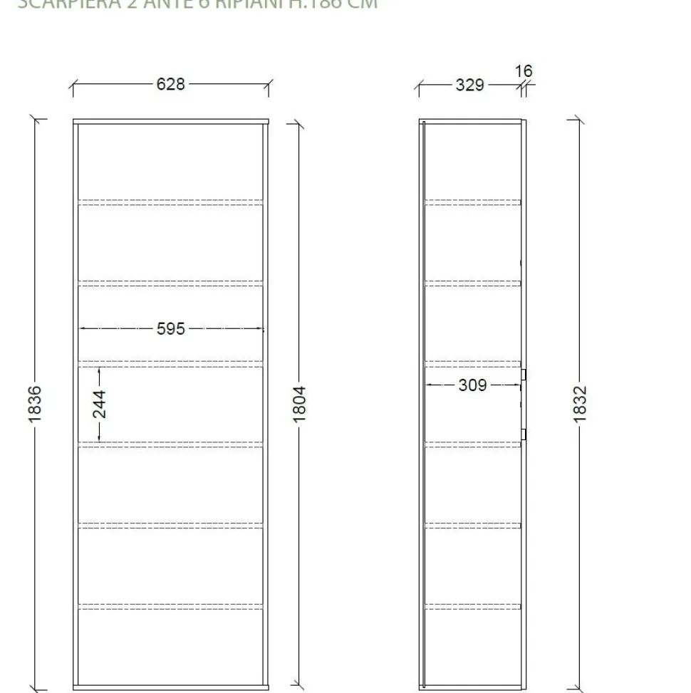 Scarpiera alta 2 ante a Specchio con 6 Ripiani H 186 cm finitura Bianco Lucido linea Multiuso