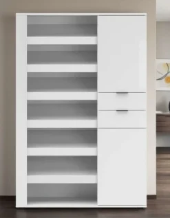 Scarpiera alta Moderna Multifunzione in Bianco Lucido con Vani Aperti, 2 Ante e 2 Cassetti