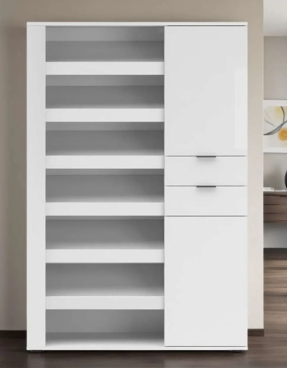 Scarpiera alta Moderna Multifunzione in Bianco Lucido con Vani Aperti, 2 Ante e 2 Cassetti