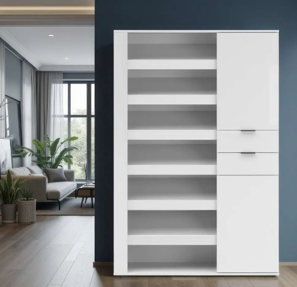 Scarpiera alta Moderna Multifunzione in Bianco Lucido con Vani Aperti, 2 Ante e 2 Cassetti