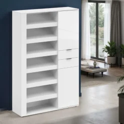Scarpiera alta Moderna Multifunzione in Bianco Lucido con Vani Aperti, 2 Ante e 2 Cassetti