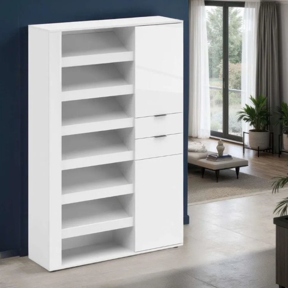Scarpiera alta Moderna Multifunzione in Bianco Lucido con Vani Aperti, 2 Ante e 2 Cassetti