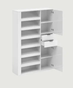 Scarpiera alta Moderna Multifunzione in Bianco Lucido con Vani Aperti, 2 Ante e 2 Cassetti