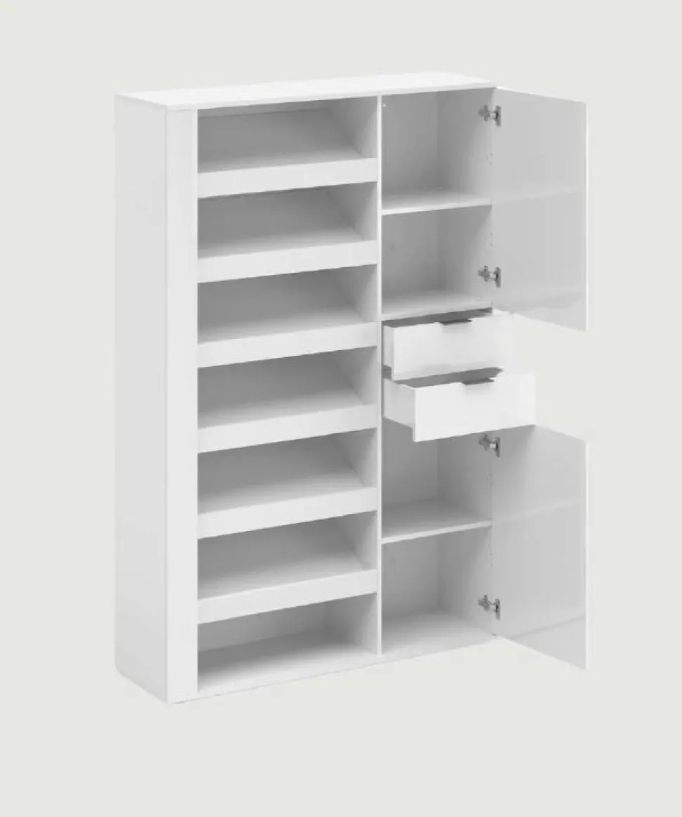 Scarpiera alta Moderna Multifunzione in Bianco Lucido con Vani Aperti, 2 Ante e 2 Cassetti
