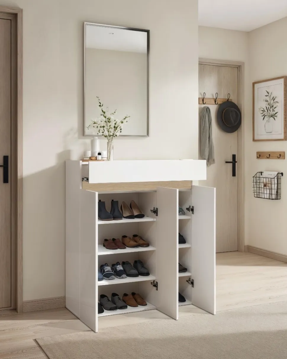 Scarpiera 3 ante e 1 cassetto Svuotatasche Linea Oasi in Bianco Lucido e Rovere