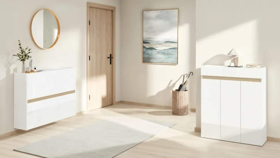 Scarpiera 3 ante e 1 cassetto Svuotatasche Linea Oasi in Bianco Lucido e Rovere