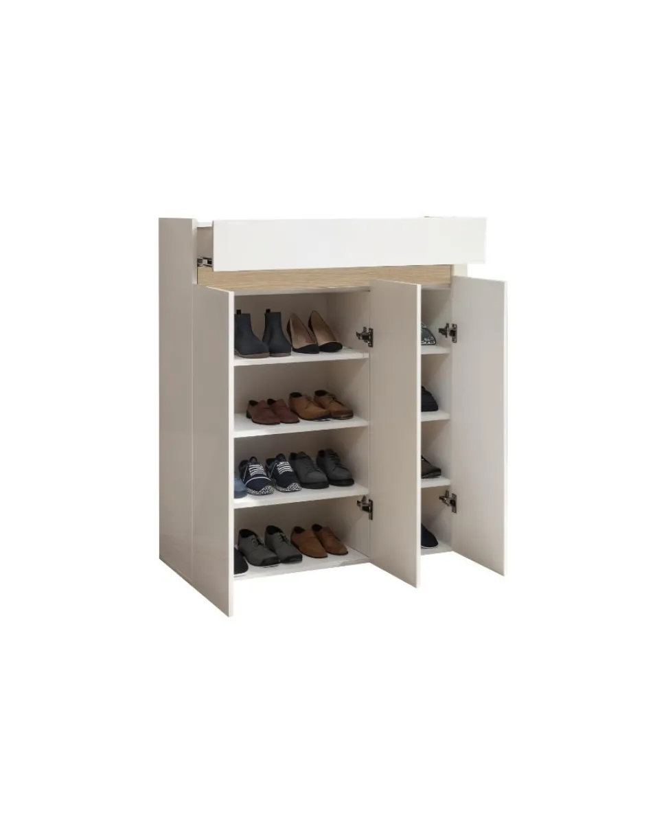 Scarpiera 3 ante e 1 cassetto Svuotatasche Linea Oasi in Bianco Lucido e Rovere