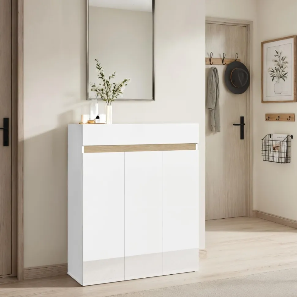 Scarpiera 3 ante e 1 cassetto Svuotatasche Linea Oasi in Bianco Lucido e Rovere
