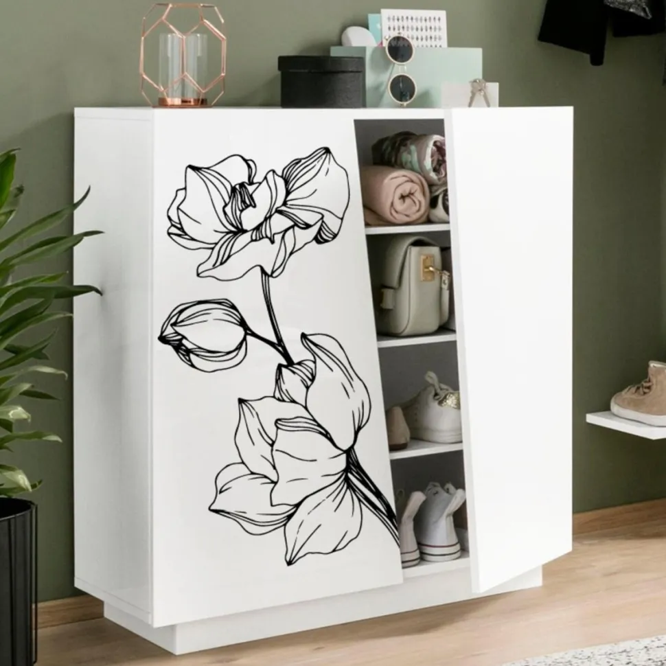 Scarpiera 2 ante linea Virgola finitura Bianco Lucido con fiore