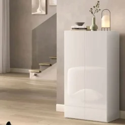 Scarpiera bassa 2 ante battenti con 4 ripiani finitura Bianco Lucido