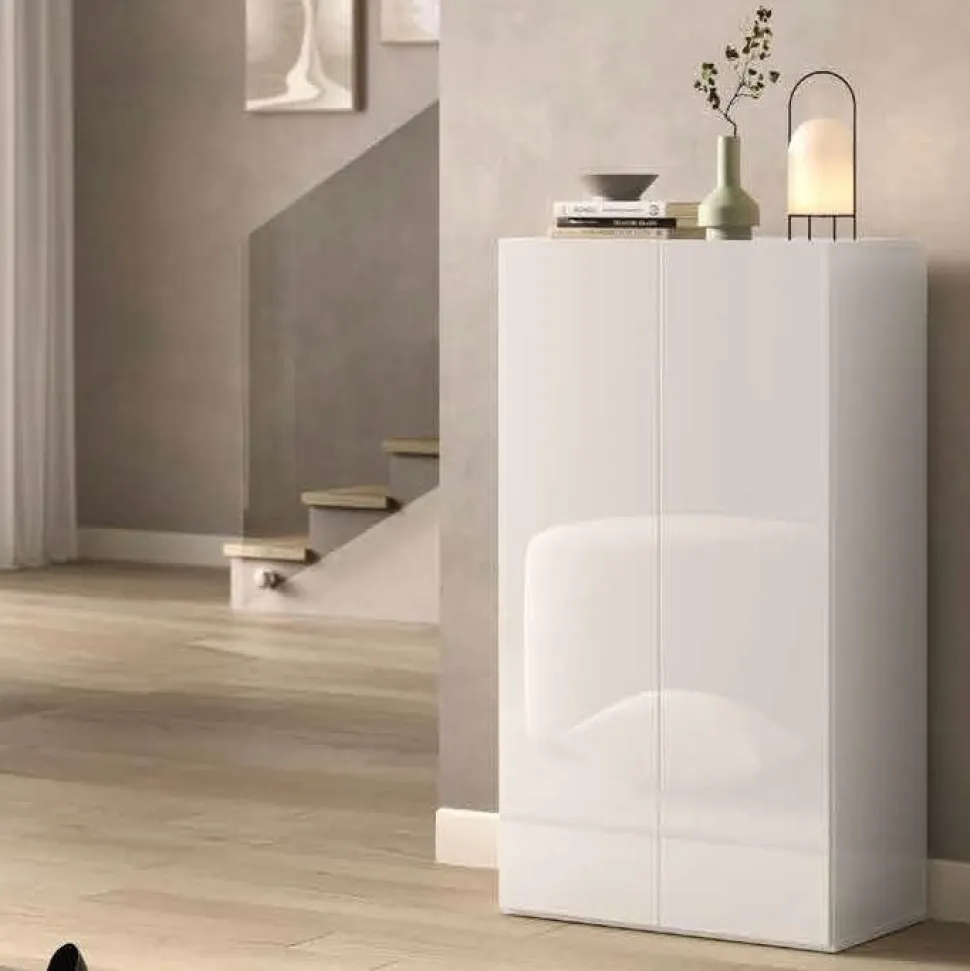 Scarpiera bassa 2 ante battenti con 4 ripiani finitura Bianco Lucido
