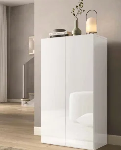Scarpiera bassa 2 ante battenti con 4 ripiani finitura Bianco Lucido