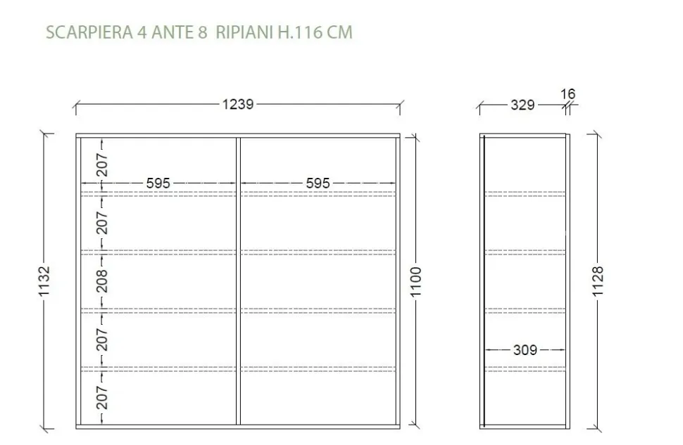 Scarpiera bassa salvaspazio 4 ante battenti con 8 ripiani finitura Bianco Lucido linea Multiuso