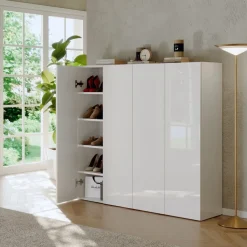 Scarpiera bassa salvaspazio 4 ante battenti con 8 ripiani finitura Bianco Lucido linea Multiuso