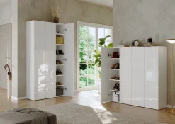 Scarpiera bassa salvaspazio 4 ante battenti con 8 ripiani finitura Bianco Lucido linea Multiuso