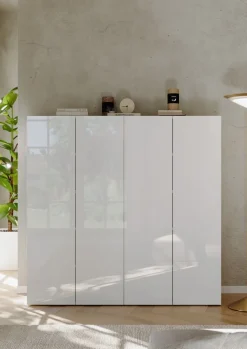 Scarpiera bassa salvaspazio 4 ante battenti con 8 ripiani finitura Bianco Lucido linea Multiuso