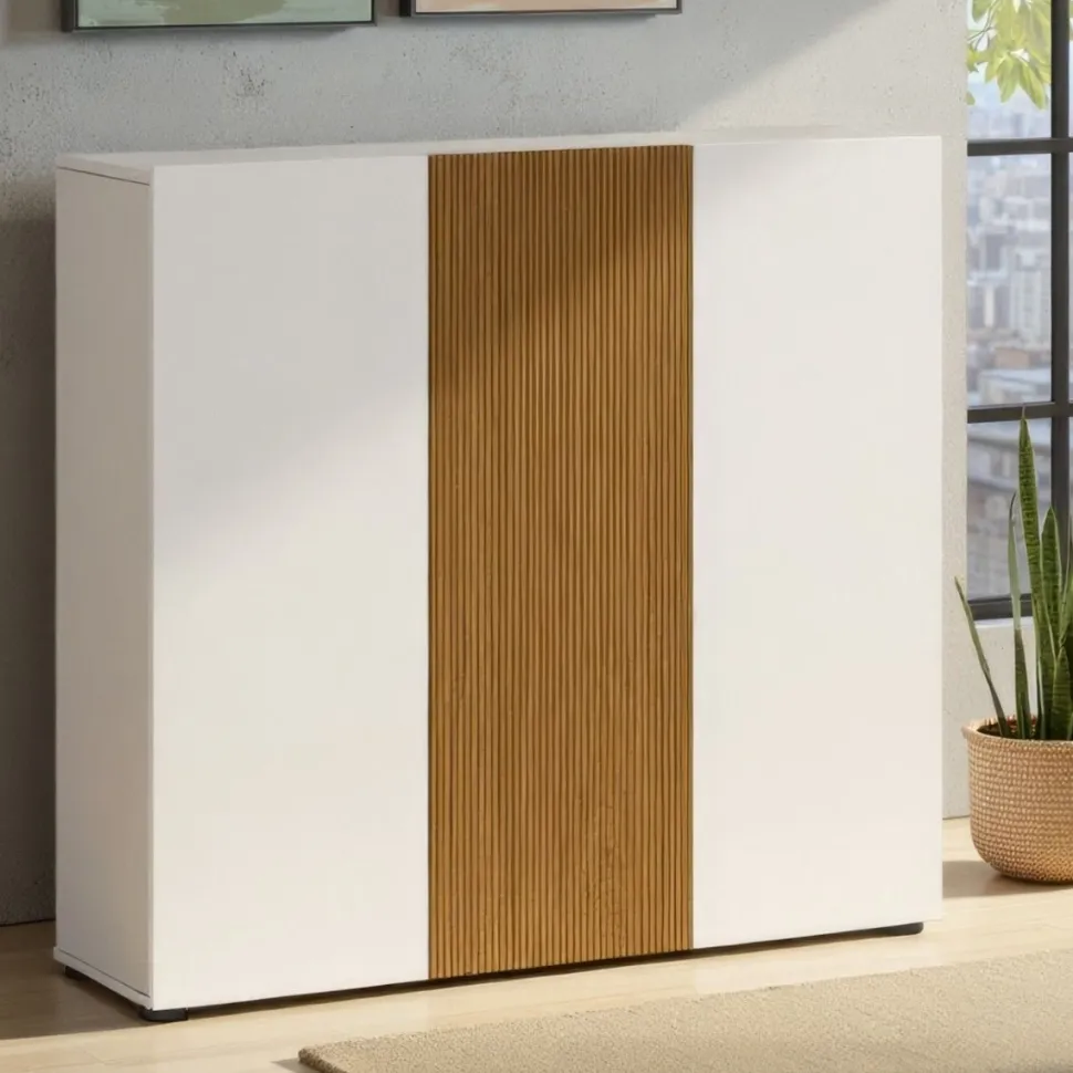 Scarpiera Bassa salvaspazio Lady 3 ante in Bianco Lucido e Legno Cannettato
