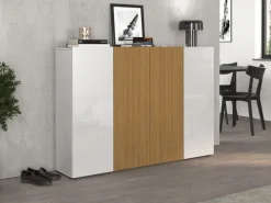 Scarpiera Bassa salvaspazio Lady 4 ante in Bianco Lucido e Legno Cannettato
