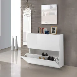 Scarpiera Moderna a 2 Ante in Bianco Lucido con Serigrafia Effetto Legno (Personalizzabile)
