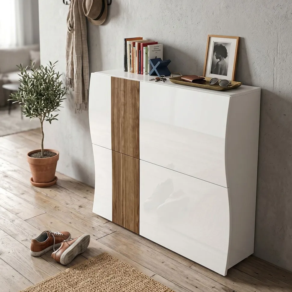 Scarpiera Moderna a 2 Ante in Bianco Lucido con Serigrafia Effetto Legno (Personalizzabile)