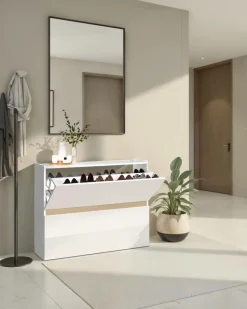 Scarpiera Sospesa 2 ante a ribalta Linea Oasi in Bianco Lucido e Rovere