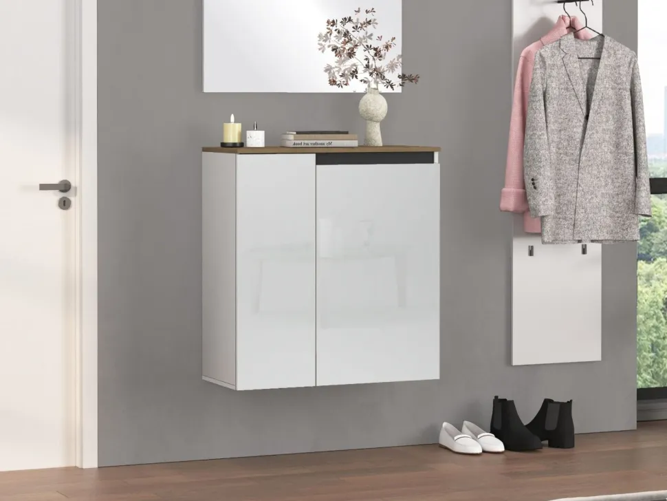 Scarpiera sospesa moderna 2 ante Bianco Lucido e Top Rovere Naturale