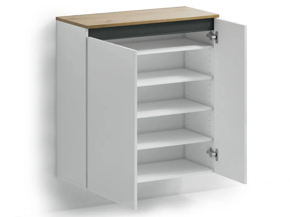 Scarpiera sospesa moderna 2 ante Bianco Lucido e Top Rovere Naturale