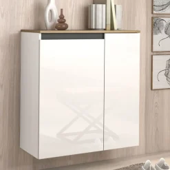 Scarpiera sospesa moderna 2 ante Bianco Lucido e Top Rovere Naturale