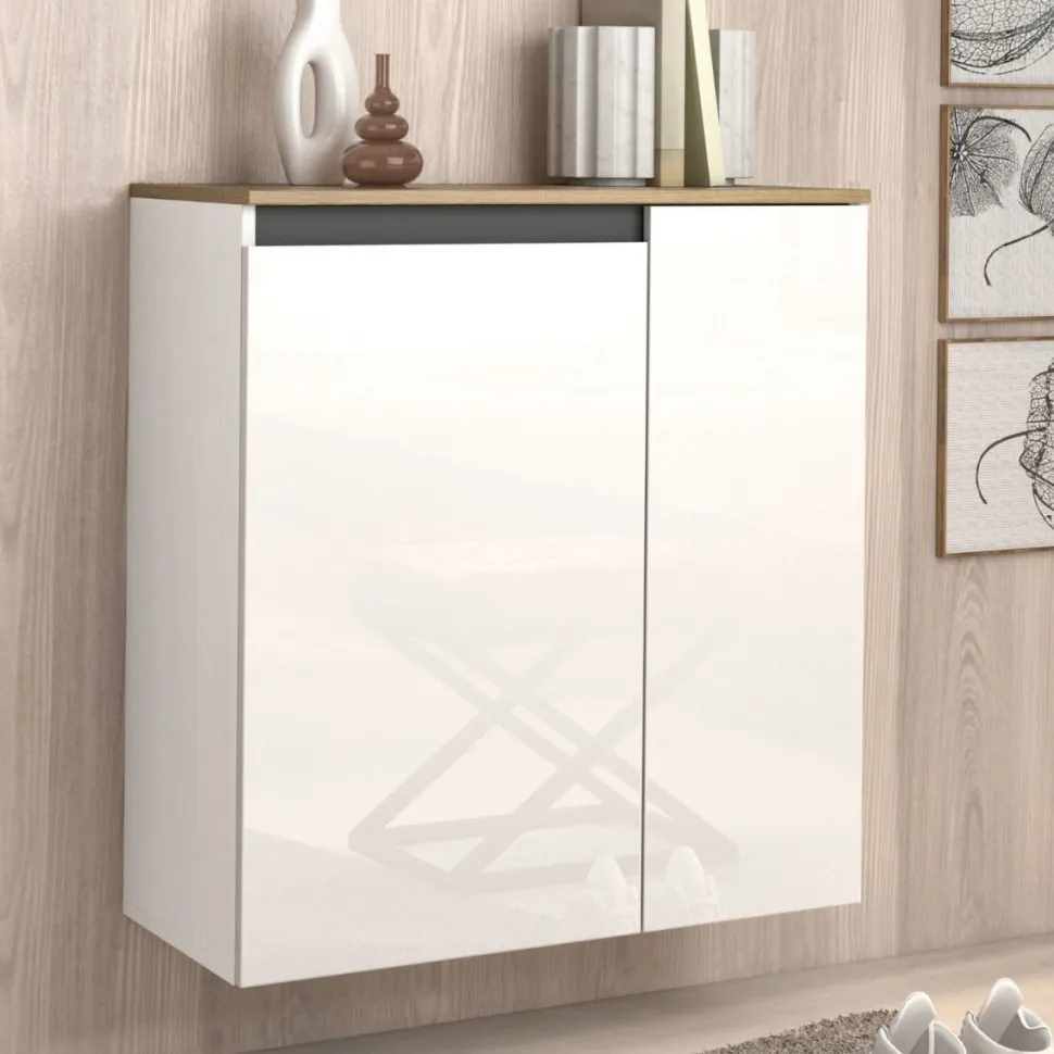 Scarpiera sospesa moderna 2 ante Bianco Lucido e Top Rovere Naturale
