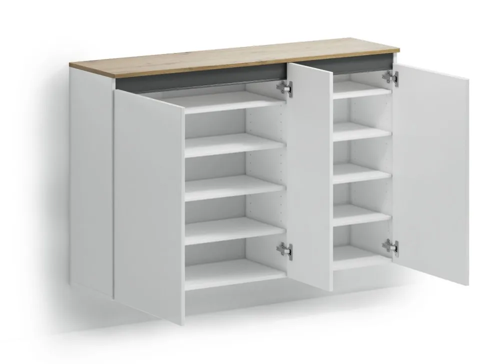 Scarpiera sospesa moderna 3 ante Bianco Lucido e Top Rovere Naturale