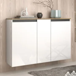 Scarpiera sospesa moderna 3 ante Bianco Lucido e Top Rovere Naturale