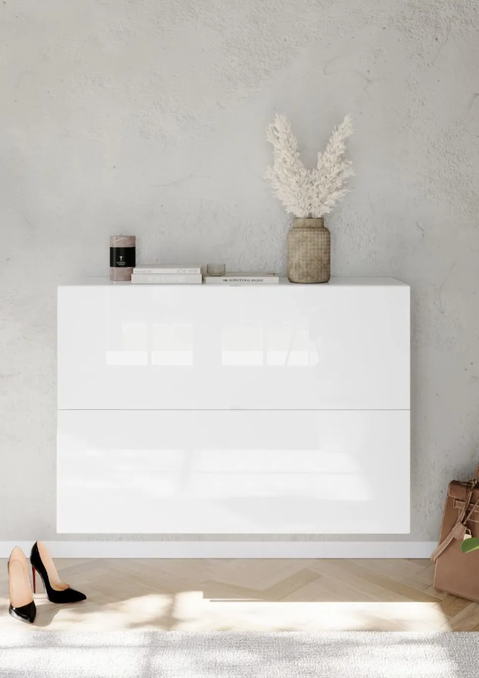 Scarpiera Sospesa salvaspazio 2 ante a ribalta finitura Bianco Lucido linea Multiuso