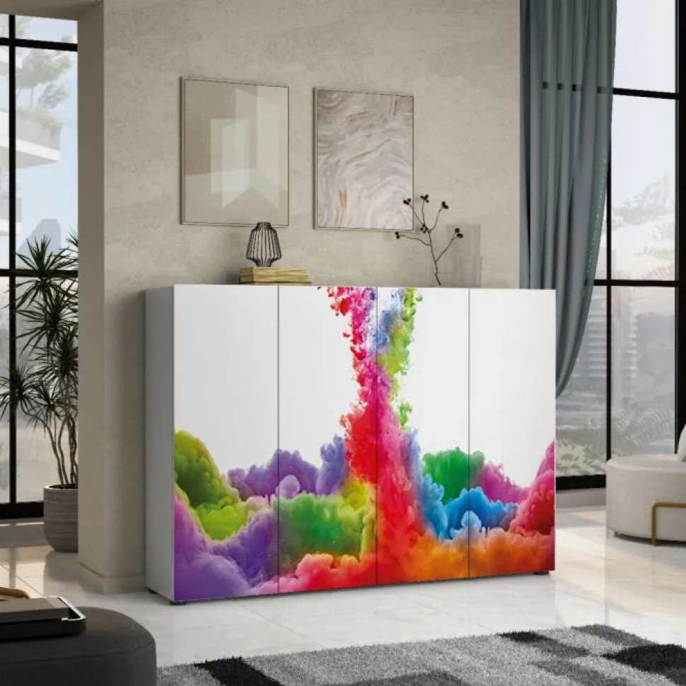 Scarpiera stretta 4 ante battenti Master bianco lucido con grafica colorata