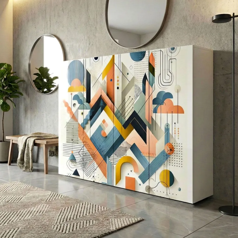 Scarpiera stretta 4 ante battenti Master bianco lucido con grafica geometrica colorata