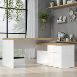 Scrivania ad Angolo Linea Easy Bianco Lucido e Rovere Cadiz con 2 ante e 1 cassetto