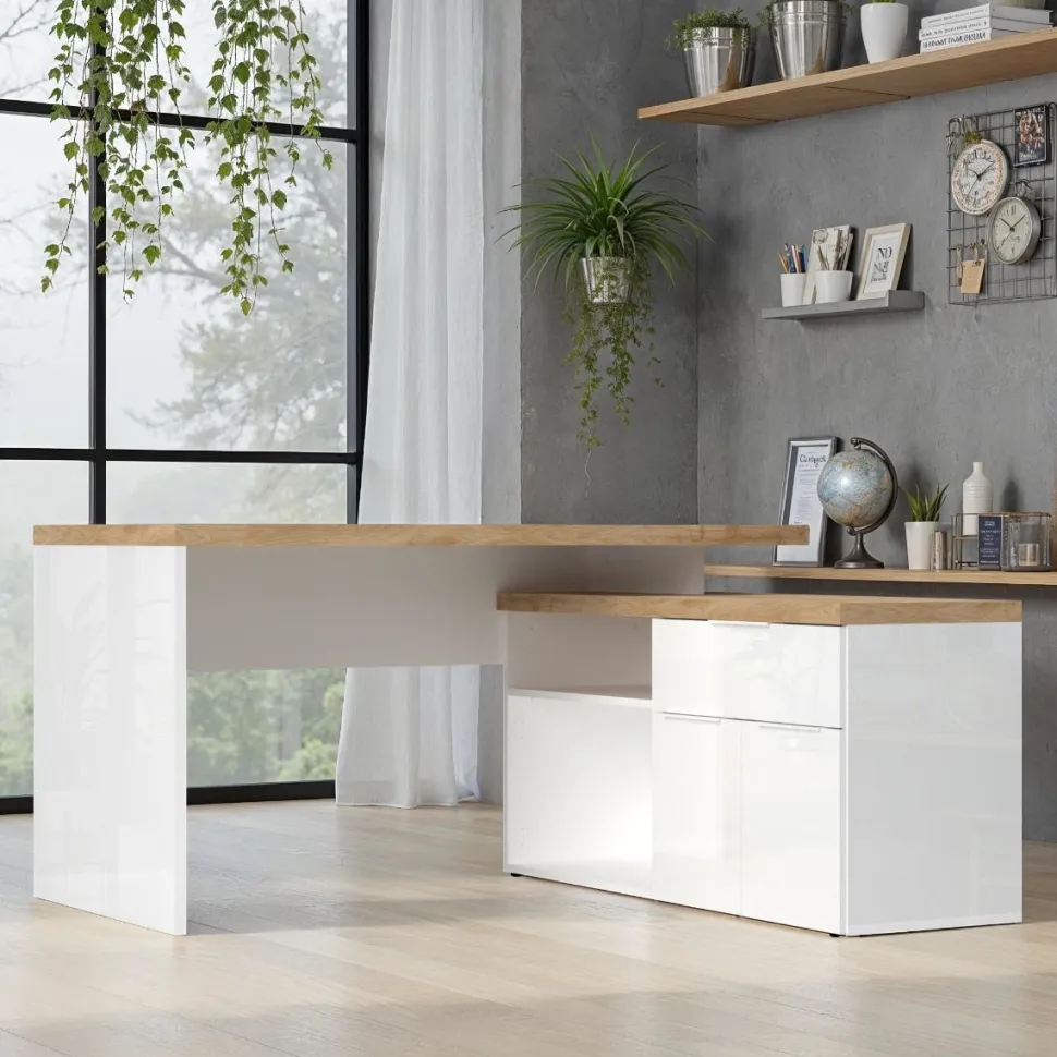 Scrivania ad Angolo Linea Easy Bianco Lucido e Rovere Cadiz con 2 ante e 1 cassetto