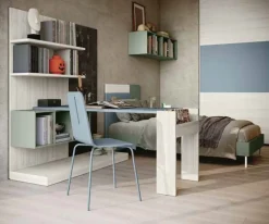 Scrivania moderna compatta con libreria sospesa e lavagna Olmo e blu Petrolio disponibile in vari colori