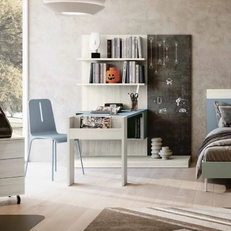 Scrivania moderna compatta con libreria sospesa e lavagna Olmo e blu Petrolio disponibile in vari colori