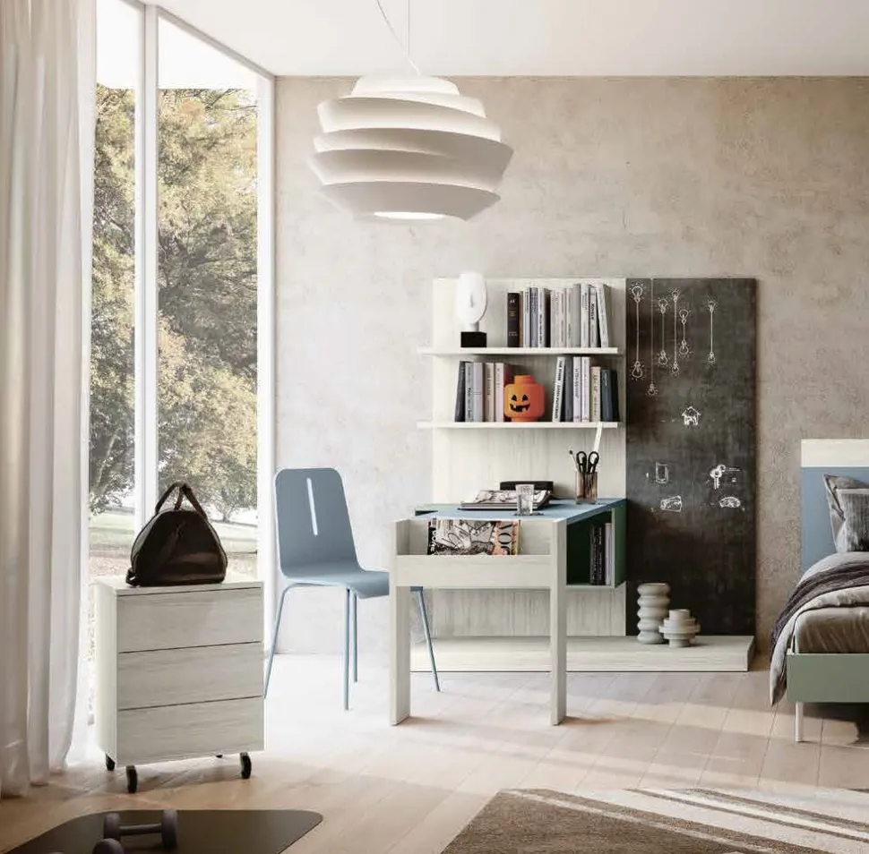 Scrivania moderna compatta con libreria sospesa e lavagna Olmo e blu Petrolio disponibile in vari colori