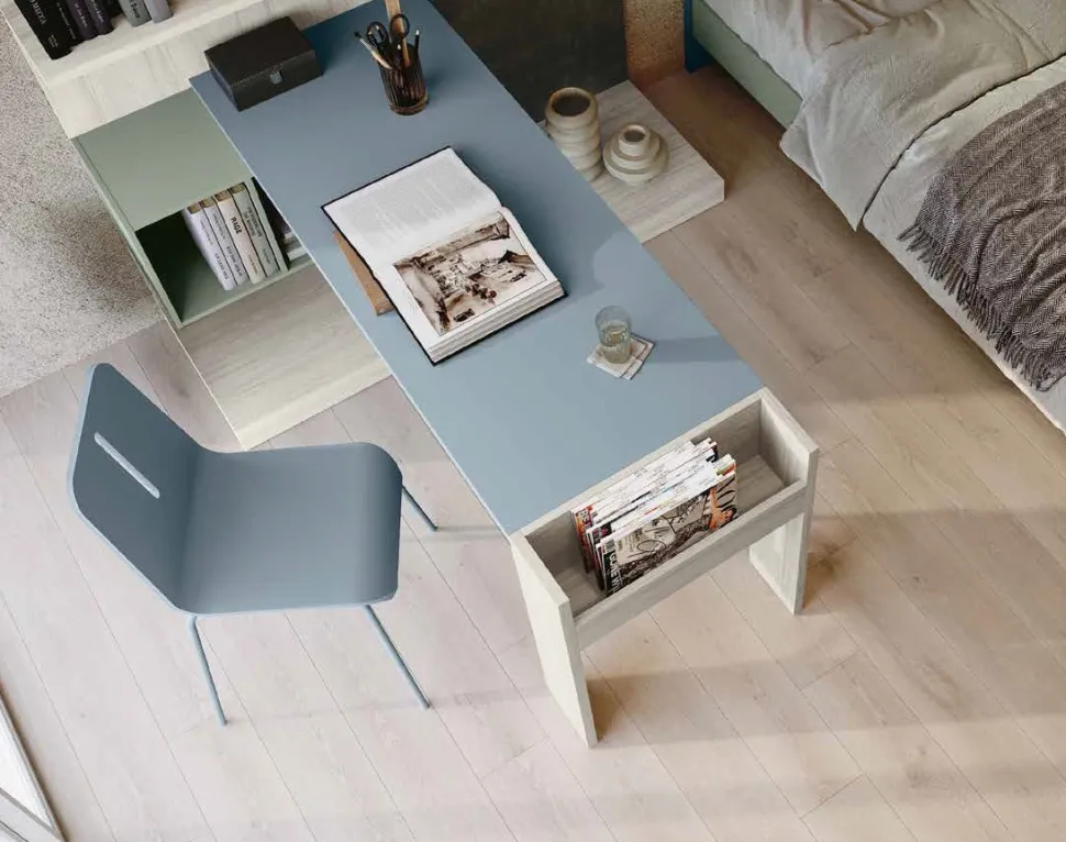 Scrivania moderna compatta con libreria sospesa e lavagna Olmo e blu Petrolio disponibile in vari colori